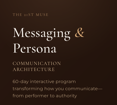 Promotional text for a 60-day interactive program on communication and persona by 'The 21st Muse' on a dark background.